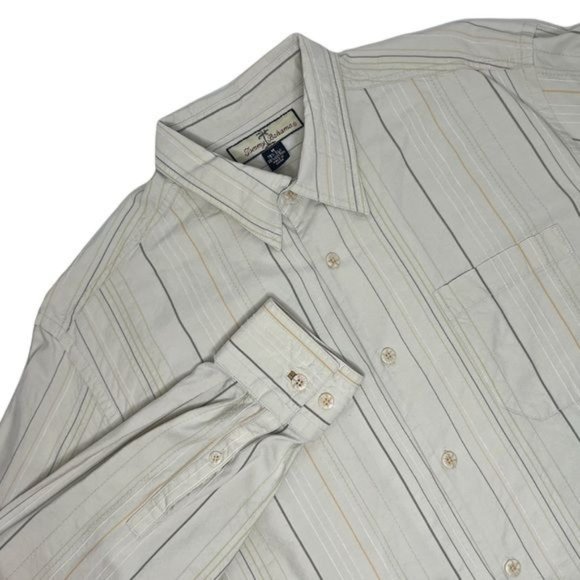 Tommy Bahama Men's Size M Silk Blend Striped Cream Long Sleeve Button Up - Picture 1 of 4